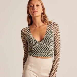 Abercrombie & Fitch Olive and Beige Checkerboard V-Neck Crop Top